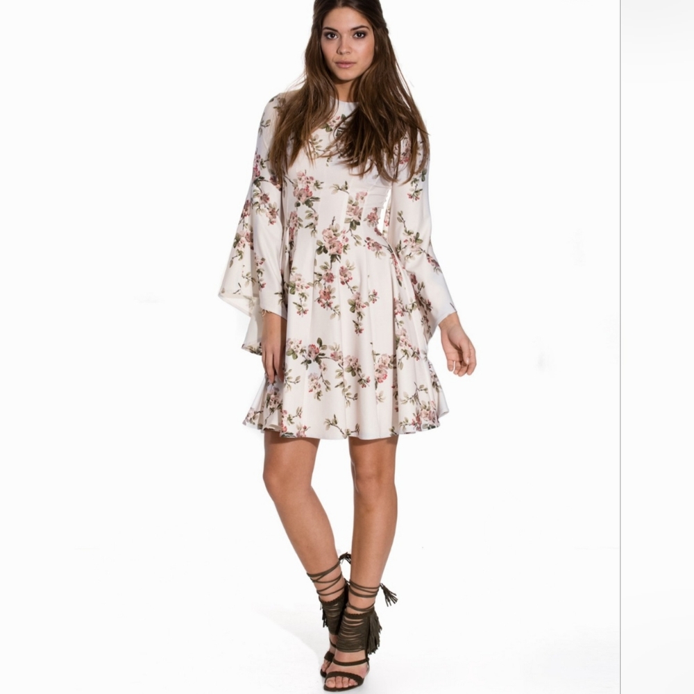 High neck, flare long sleeve cherry blossom dress